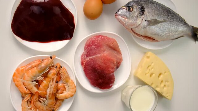 Foods that contain vitamin B12. Selective focus.