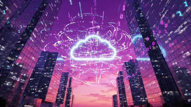 Cloud computing and data storage network over a futuristic city downtown at sunset. Digital binary code streams flow between skyscrapers for secure online communication, business technology and smart