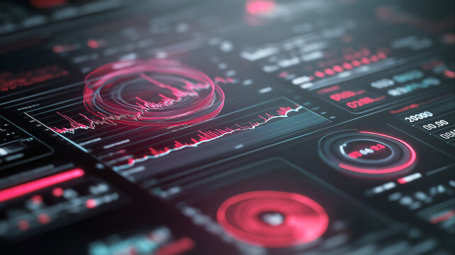 Futuristic digital HUD dashboard interface displaying complex financial charts analysis data monitoring and economic data visualization concept