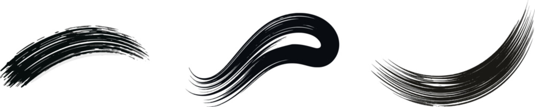 A dynamic curved horizontal paint slash in deep charcoal black with finely split ends, isolated on a strict pure white background, features heavy internal texture and high-contrast edges suitable for