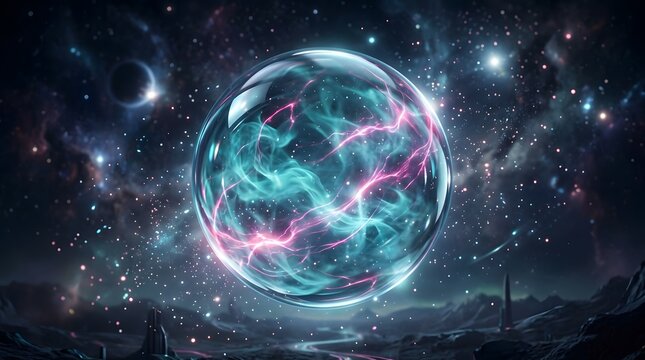 A glowing, translucent blue orb with pink energy veins floats in a cosmic landscape.