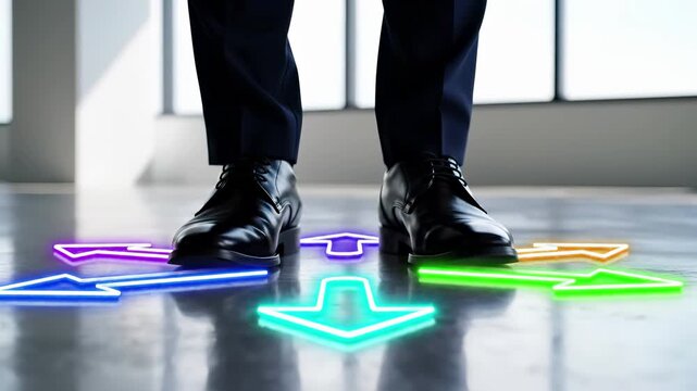 Businessman in suit and shoes standing on floor with glowing neon arrows pointing in multiple directions. Concept of decision making, choice, strategy, opportunity and career path in modern corporate