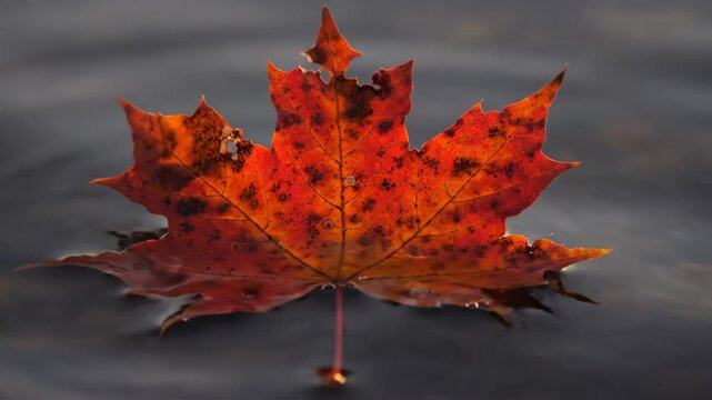 A single red maple leaf floating on dark water with autumn colors and warm sunlight
