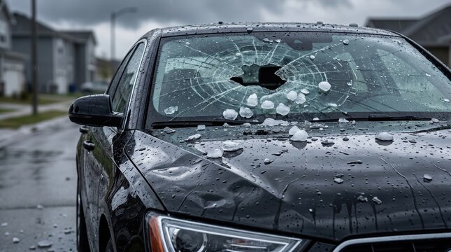 Damaged black car with shattered windshield after hailstorm on rainy suburban street, illustrating severe weather, vehicle damage and insurance claim concept