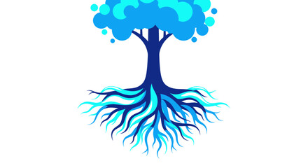 Blue Tree of Life with Visible Roots, Abstract Nature Symbol © Biru