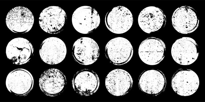 Grunge circles with stains and scratches. Circle brush stroke, round shape design element. Distressed dirty text frame, border, sticker or label. Paintbrush, ink stains. Vector illustration
