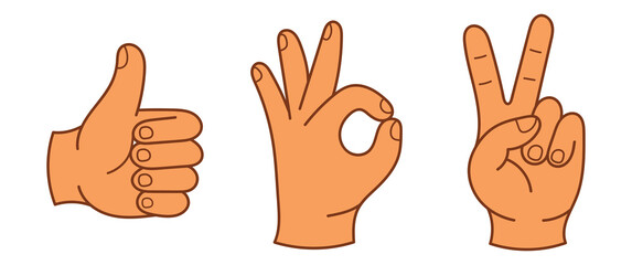 Obraz premium Set of three human hand gestures showing approval okay sign and victory peace sign line art vector illustration with orange skin tone fill isolated on white background