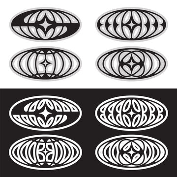 Futuristic Y2K Globe Emblems Vector Set with Retro Oval Grid Symbols