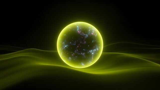 Vibrant glowing orb contains an intricate cosmic pattern, resting on undulating, luminous green waves against a dark background.