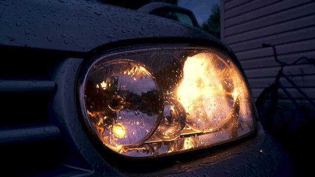 car headlights and taillights of an old car evening lighting