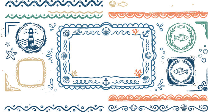 Coastal doodle frames borders and emblems for scrapbooking and design.