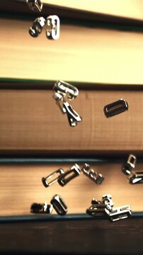 The metal letters of the English alphabet fall on the table. On a black background. Filmed is slow motion 1000 frames per second.