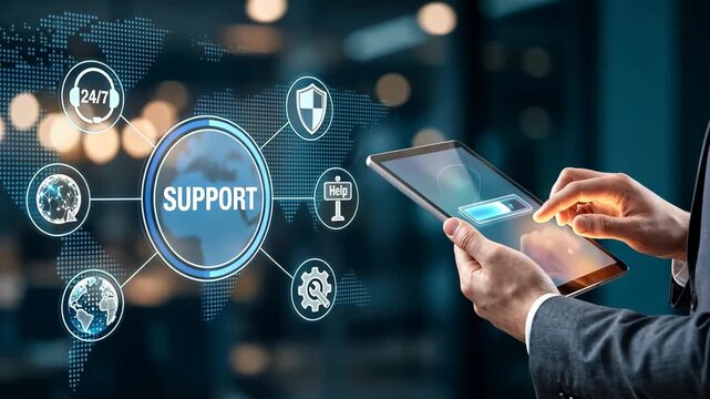 businessman hands using tablet with support icons and progress bar in modern office, service workflow, Customer care, Online support
