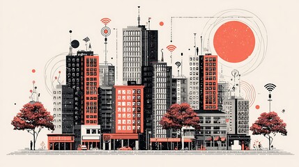 Fototapeta premium Colorful cityscape with red brick buildings and geometric shapes on white background