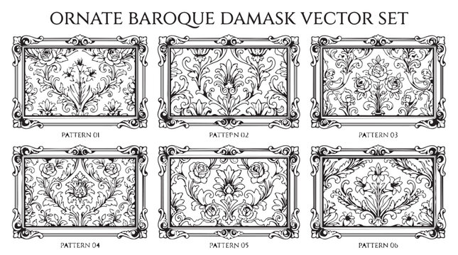 Set of six ornate baroque damask pattern frames with decorative floral elements ornament luxurious