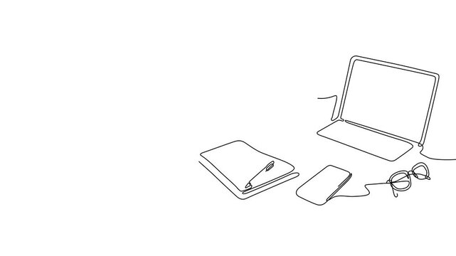 One Line Illustration &ndash; Desk Workspace with Laptop and Office Essentials