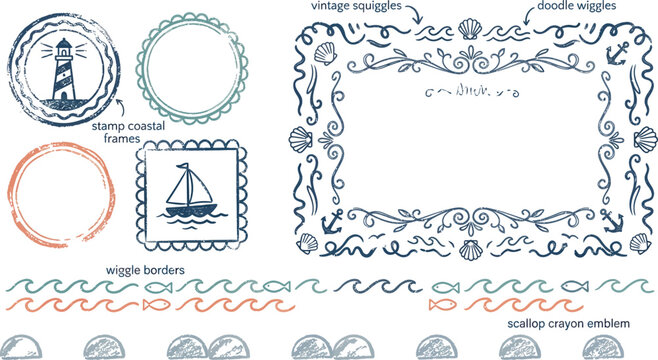 Nautical frames and borders with lighthouse and sailboat emblems.