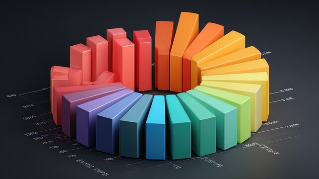 3d rendering of pie chart in black background with colorful rainbow bars, 3d rendering of pie chart in Black background with business charts and graphs, Ai generated image.