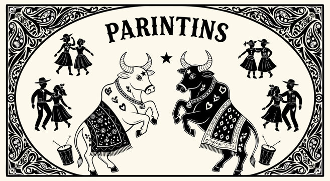 Parintins festival illustration vector featuring vibrant dancing figures and stylized bulls in traditional attire