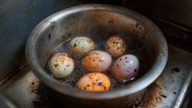 Burned Eggs Boiling in Pot on Dirty Stove with Smoke and Kitchen Disaster Scene
