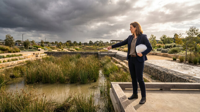 Single civil engineer stands at the edge of a flood-resilient urban park, pointing toward a bioretention basin where native reeds catch runo 2