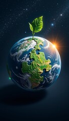 Fototapeta premium Earth with Puzzle Pattern and Green Leaf Starry Cosmos