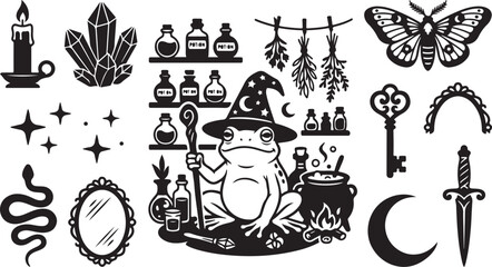 Obraz premium Whimsical witchcraft symbols and mystical objects collection