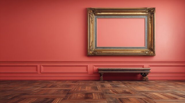 Antique art fair gallery frame on royal red wall at auction house or museum exhibition blank template with empty white copyspace for mockup design artwork concept.