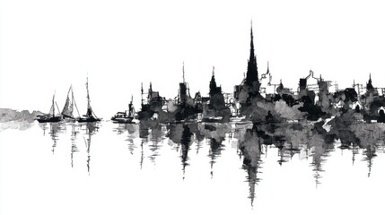 Fototapeta premium black and white sketch city with reflection drawing in watercolor pencil. Generative AI.