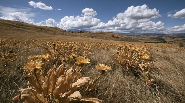 Ochre Tone Wild Sonchus On Hillside, Retro Hillside Botanical Widescreen Backdrop