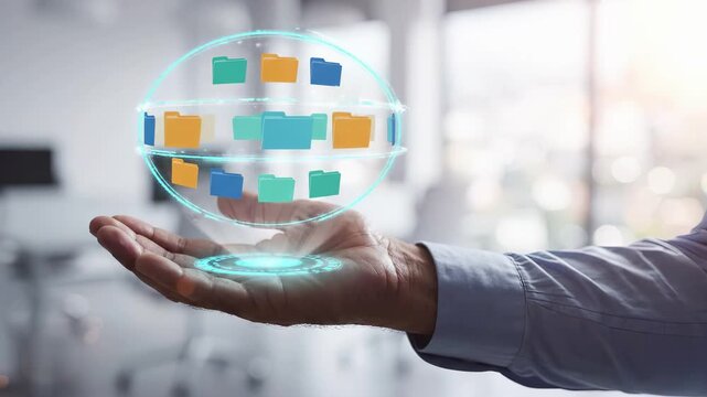 Digital folder management and document storage system on virtual sphere above a palm. File organization, data archive, cloud computing and information network for modern business workflow.