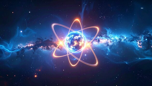 Stylized glowing atomic nucleus with elliptical electron orbits, symbolizing atomic structure, fundamental particles, and scientific visualization.
