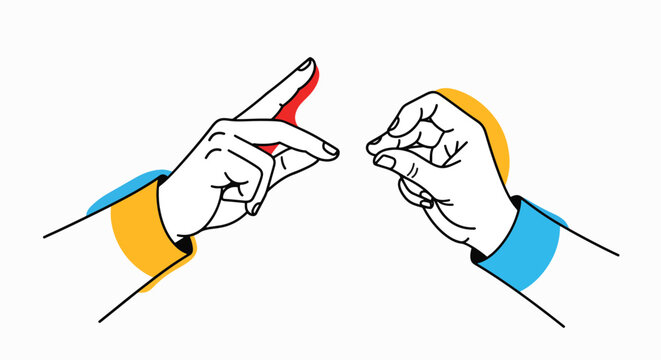 Illustration of two hands in a signing position with colorful cuffs on a white background.