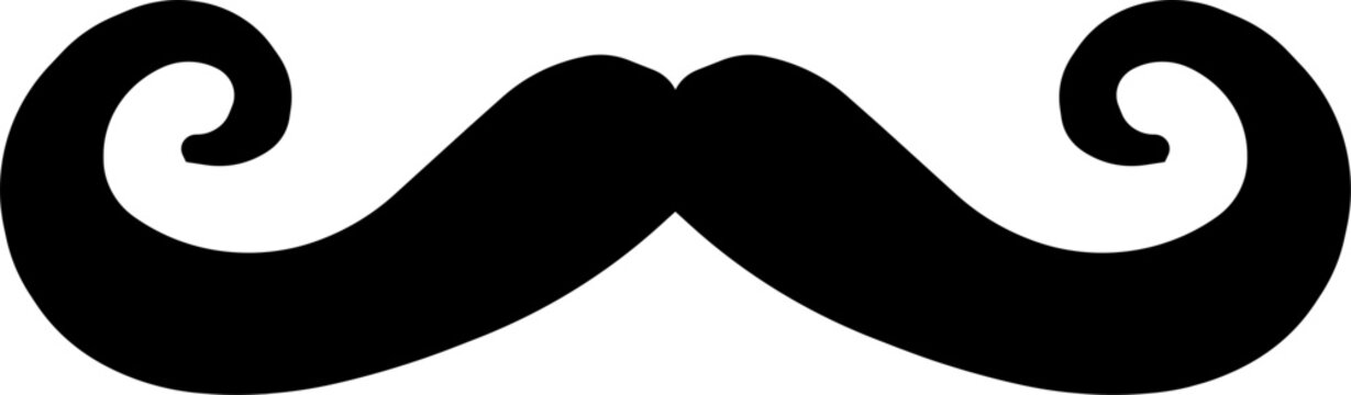A classic black handlebar mustache with elegantly curled ends, a symbol of vintage style and masculinity, isolated on a clean white background.
