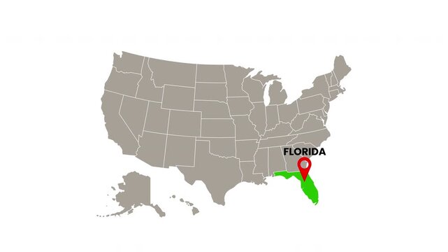 United States map with Florida state highlighted in green and marked with a red location pin