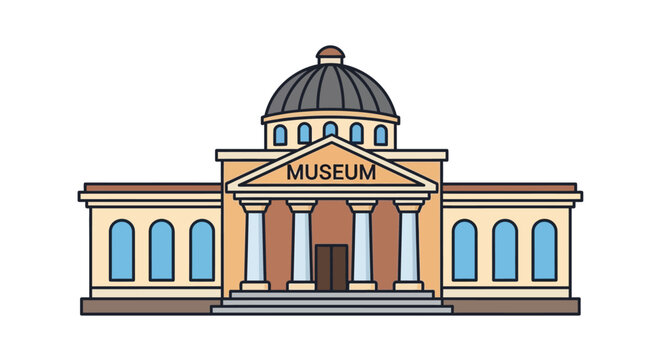 Illustrated museum building with columns and dome isolated on white background
