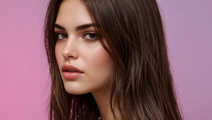 Fototapeta premium Beauty model with perfect long glossy brown hair. Close-up portrait on neon gradient background.