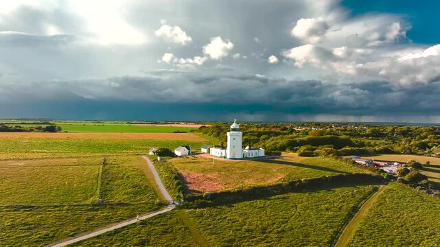 South Foreland Lighthouse from a drone, South Foreland in St. Margaret's Bay, Dover, Kent, England