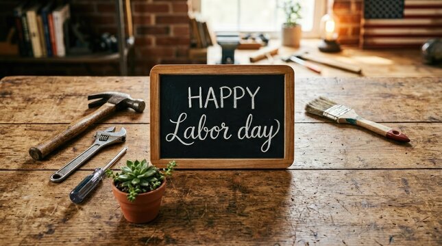 Happy labor day with tools on a wooden workbench