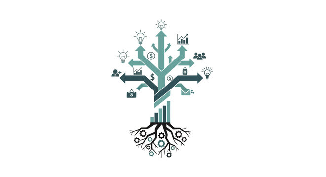 Conceptual tree of growth with business icons on white background