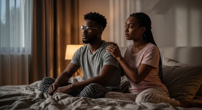 Young couple sitting on the edge of the bed at night feeling disappointed and stressed looking away after receiving bad news