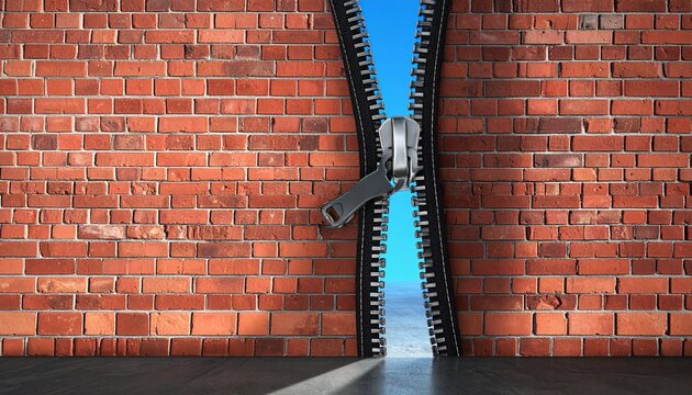 A brick wall unzipping to reveal a bright blue sky, symbolizing liberation, creativity, and the power to break through barriers toward openness and possibility.