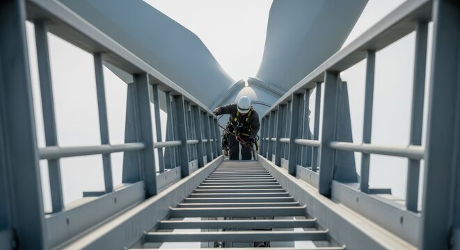 Worker climbs tall ladder towards massive wind turbine blades for maintenance work