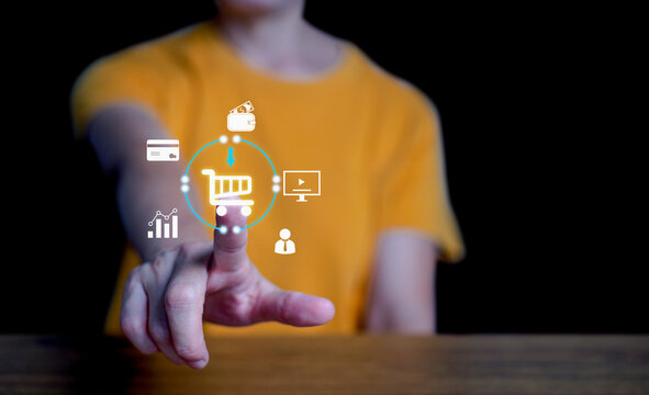 Person using futuristic AI hologram interface with digital technology icons, automation, and smart business transformation. Modern high-tech concept with virtual touchscreen interaction.