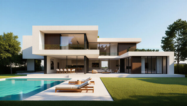 Luxurious modern villa with swimming pool and garden real estate lounge chairs luxurious