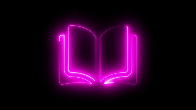 Glowing neon line open book animated icon. Open Reading Book animated on black background with alpha channel