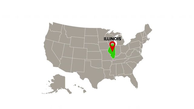 United States map with Illinois state highlighted in green and marked with a red location pin
