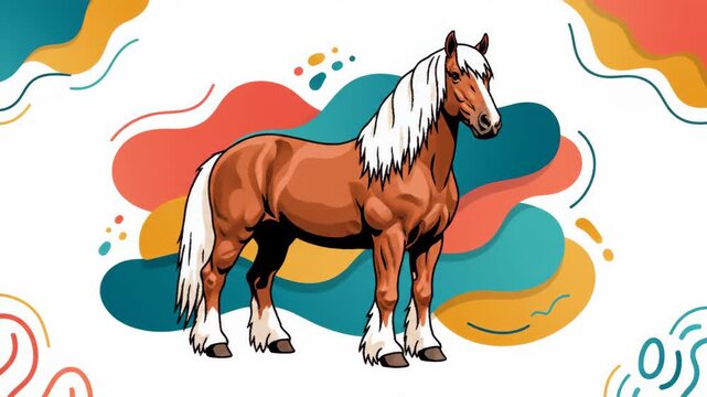 Brown Draft Horse with White Mane Standing Against Colorful Abstract Organic Shapes Background
