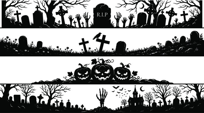 Halloween cemetery scene with pumpkins and tombstones black silhouette