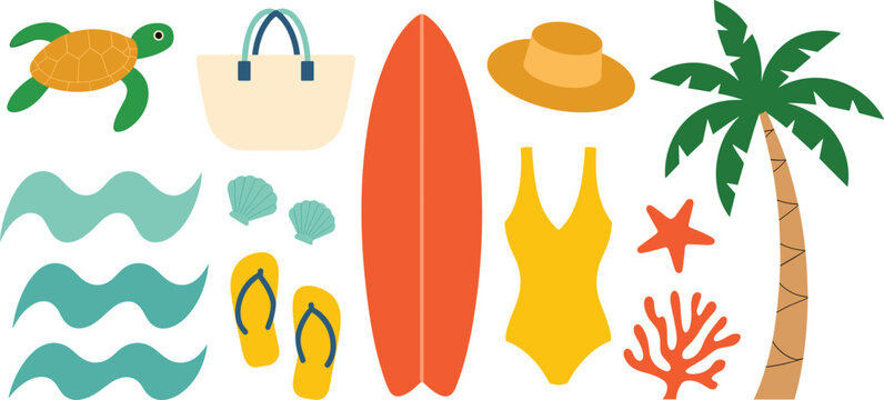 Summer beach vector element set, tropical surf surfboard icons isolated on white background